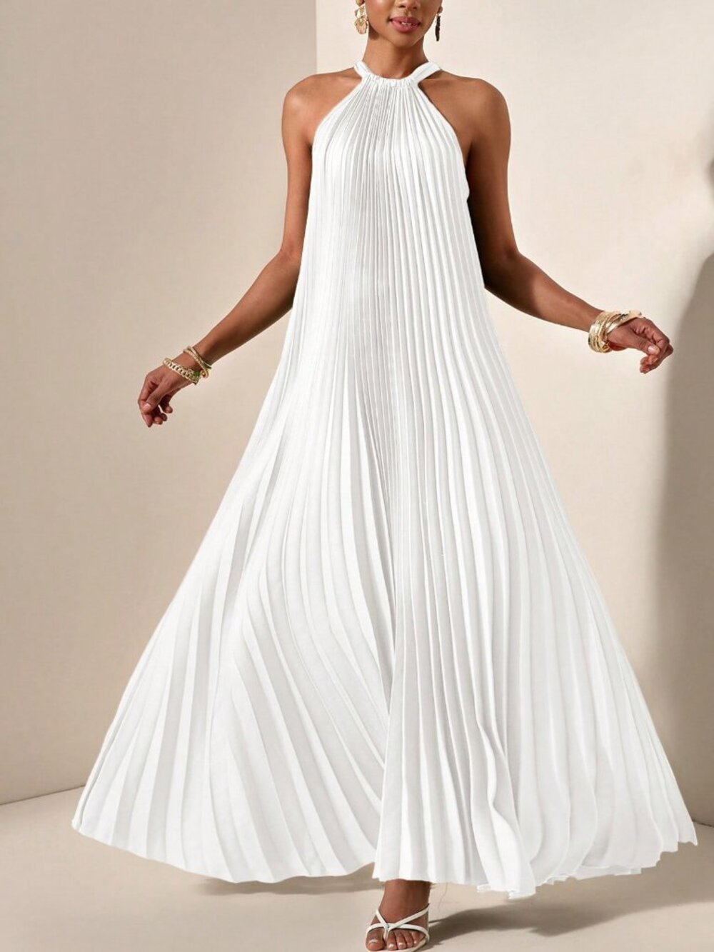 White Casual Women's Halterneck Sleeveless Pleated A-Hem Loose Maxi dress - Picture 4 of 8